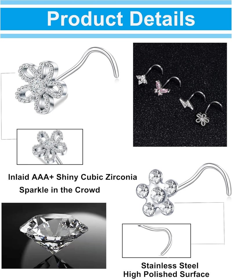 Tornito 9Pcs Nose Rings Stud L Bone Screw Shaped Nose Ring Flower CZ Snowflake Butterfly Screw Nose Stud Body Piercing Jewelry for Women Men 20G Silver Gold Rose Gold Tone - Image 3